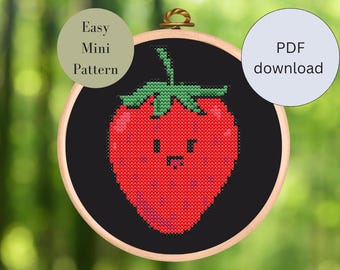 Cute Smiling Strawberry Kawaii Mini Cross-stitch Pattern
