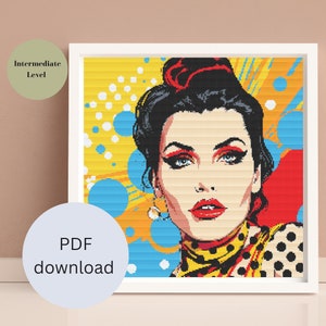 Könnte beinhalten: Ein farbenfrohes Kreuzstichmuster im Pop-Art-Stil mit einer Frau mit kühlem Make-up und einem rot-gelben gemusterten Schal. Das Muster ist in einem weißen Rahmen gerahmt und mit "Mittleres Niveau" und "PDF-Download" beschriftet.