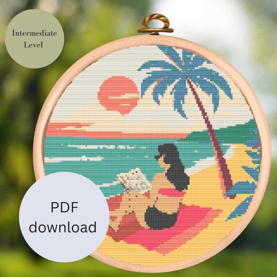 Cozy Beach Book Cross Stitch Pattern - Woman Reading on a Beach - DIY Tropical Embroidery Design - Digital Download pdf - embroidery