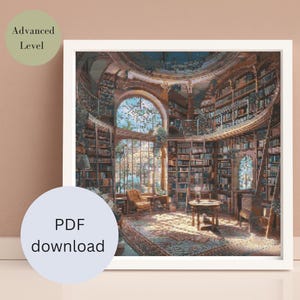 Könnte beinhalten: Ein gerahmtes Kreuzstichmuster eines Bibliotheksinterieurs mit gewölbten Fenstern und Bücherregalen. Das Bild zeigt den Text "Advanced Level" und "PDF-Download". Die Bibliothek ist voller Bücher und hat eine warme Atmosphäre.