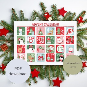May include: A cross-stitch Advent calendar with numbered squares featuring festive images like snowmen, reindeer, and Santa Claus. The words "ADVENT CALENDAR" are at the top. The words "PDF download" and "Intermediate Level" are also visible.