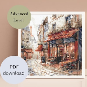Parisian Street Scene Cross Stitch Pattern, Watercolor-Style Architecture, Romantic French Decor, 300 x 300 Stitches, Embroidery Design