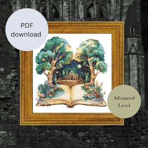Sprookjesmagisch boek met podium – Kruissteekpatroon met volledige dekking (300 x 300 steken) – PDF direct downloaden - Geteld patroon