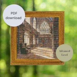 Könnte beinhalten: Ein Kreuzstichmuster einer großen, verzierten Bibliothek mit hohen Decken, Bogenfenstern und Bücherregalen voller Bücher. Das Muster ist in einem goldenen Rahmen gerahmt und mit "Fortgeschrittenes Niveau" beschriftet.