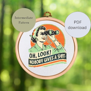 May include: A cross-stitch pattern featuring a woman looking through binoculars with the text "Oh, look! Nobody gives a shit." The pattern is framed in a wooden hoop and has a vintage aesthetic.