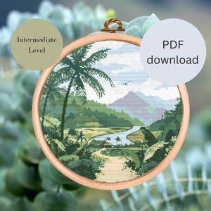 Könnte beinhalten: Ein Kreuzstichmuster eines tropischen Landschaftsbildes mit einer Palme, einem Fluss und Bergen. Das Muster ist in einem Holzrahmen eingefasst und mit "Mittleres Niveau" und "PDF-Download" beschriftet.