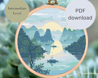 Ha Long Bay Cross-Stitch Pattern | Vietnamese Landscape Embroidery | Exotic Nature Decor | Digital Download | Cozy Embroidery