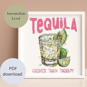 Tequila: Cheaper Than Therapy Cross Stitch Pattern | Funny Alcohol Quote | Pink Retro Bar Decor | Modern Snarky Embroidery, Easy Stitch