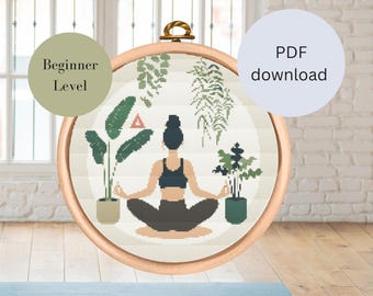 Easy Yoga Cross Stitch Pattern | Simple Wellness Embroidery | Zen-Inspired Home Decor | Digital Download | Ashtanga Yin Yang Yoga