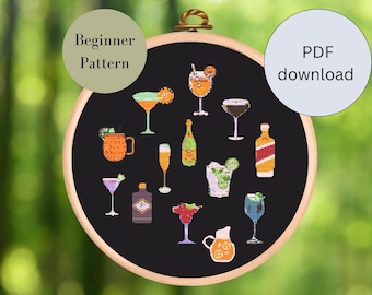 Modello punto croce cocktail colorato, modello contato, ricamo di bevande tropicali, decorazioni per feste estive, punto croce facile, arte dell'happy hour