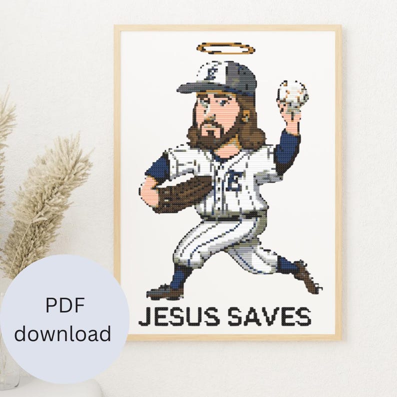 Jesus Saves Cross Stitch Pattern, Funny Baseball Jesus, Snarky ...