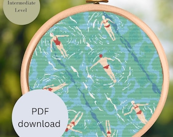 Swimmers in a Pool Cross Stitch Pattern - Simple Beginner Embroidery Design - Quick DIY Craft - Digital Download - Embroidery pattern
