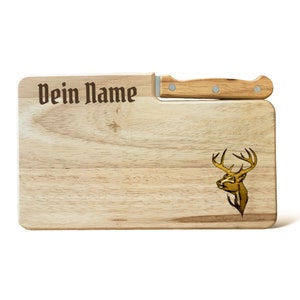 Frühstücksbrett mit Messer und Personalisierung , Hirsch Motiv, Frühstücksbrettchen mit Name, personalisiertes Schneidebrett, Holzbrettchen