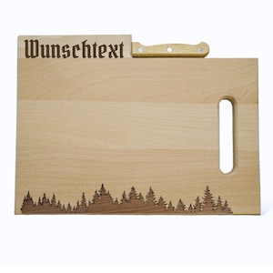 Brotzeitbrett mit Messer personalisiert mit Namen, individuelles Holzbrett, Wald Motiv, Schneidebrett personalisiert, graviertes Holzbrett