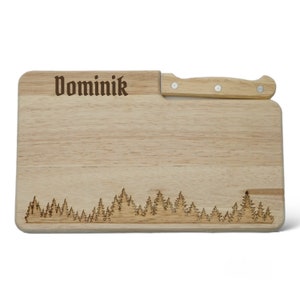 Frühstücksbrett mit Messer und Personalisierung , Wald Motiv, Frühstücksbrettchen mit Name, personalisiertes Schneidebrett, Waldpanorama