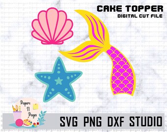Mermaid cake toppers SVG, Mermaid Tail SVG, Mermaid shell SVG, Starfish svg, Mermaid theme svg, Cutting file Silhouette studio & Cricut.