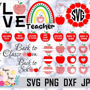 Apple SVG Bundle, Apple Name Monogram frame SVG, Back to School SVG, Digital Download (28 svg/png/dxf/jpg files), Sublimation