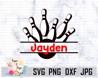 以下が含まれることがあります： バナーに赤い文字で「Jayden」と書いてある、黒と白のボウリングピンのシルエットです。