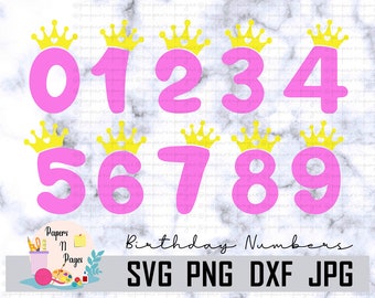 May include: Pink numbers 0-9 with a yellow crown on top. The numbers are in a bold, rounded font. The image includes the text "Birthday Numbers" and "SVG PNG DXF JPG".