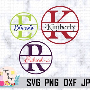 May include: Three round monogram designs with a split line and a name below. The first design is green with the letter E and the name Eduardo. The second design is red with the letter K and the name Kimberly. The third design is purple with the letter R and the name Richard.