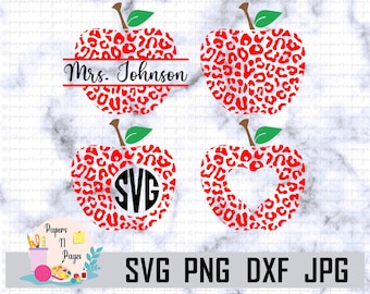 May include: Four red apple designs with a leopard print pattern. The designs include a blank apple, an apple with the text "Mrs. Johnson", an apple with a circle for a monogram, and an apple with a heart shape.