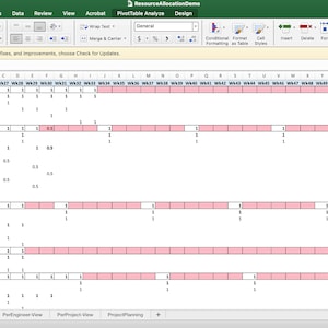 May include: A spreadsheet with a table showing resource allocation for a project. The table has rows for different tasks and columns for different weeks. The cells are colored pink to indicate when a task is being worked on.