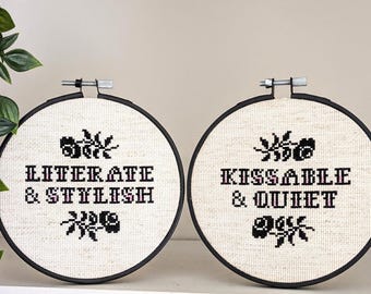 Literate + Stylish, Kissable + Quiet - 2 Cross Stitch Patterns, Both Included! - PDF Download