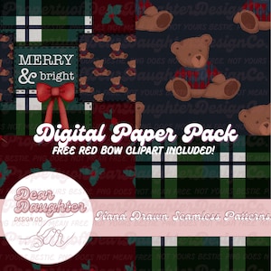 Op de afbeelding: Een digitaal papierpakket met een patchwork-ontwerp met kerstthema's. Het ontwerp bevat teddyberen, ruitpatronen, hulst en de tekst "Merry & bright". Inclusief een gratis rode strik clipart.