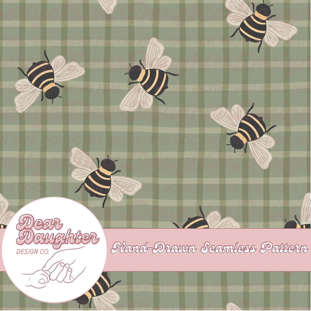 Bumblebee and Gingham Repeating Pattern | Honeybee Green Gingham Fabric ...