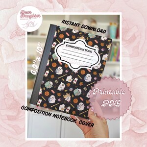 May include: Composition notebook cover with a black background and a pattern of ghosts, crowns, basketballs, and other graphics. The notebook measures 17.5cm x 25.4cm and has the words "Composition Book" on the front. The words "Instant Download" and "Printable PNG" are also visible.