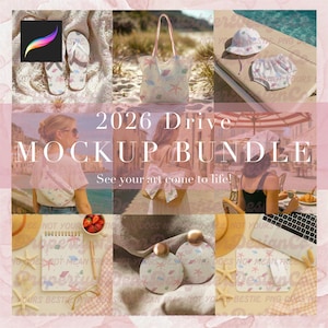 May include: A mockup bundle with beach-themed items, including a tote bag, hat, and flip-flops, all adorned with seashell and starfish patterns. The image also features a notebook, perfume bottles, and a computer mouse with the same design. Text on the image reads "2026 Drive Mockup Bundle."