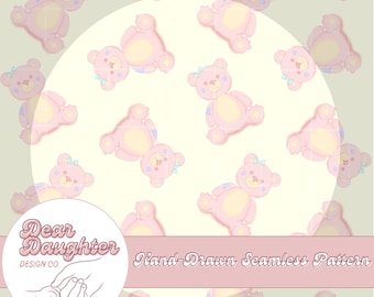 Teddy Bear Pattern PNG | Hand Drawn Seamless Pattern with Pastel Pink Teddy Bears | Vintage Teddy Bear Seamless Pattern | Coquette PNG