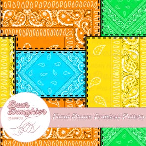 May include: A vibrant seamless pattern with bandana motifs in orange, yellow, green, and blue. The design incorporates paisley and geometric elements, with a hand-drawn style. The text "Hand-Drawn Seamless Pattern" is displayed.
