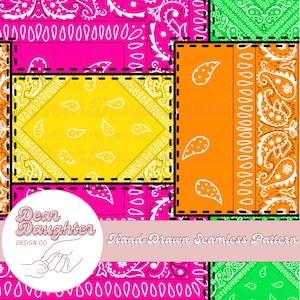 May include: A vibrant seamless pattern design with paisley motifs in pink, yellow, orange, and green. The design includes the text "Dear Daughter Design Co." and "Hand-Drawn Seamless Pattern".