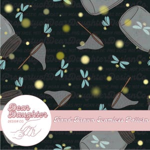 May include: Seamless pattern featuring jars, butterfly nets, and fireflies on a dark background. The design includes the text "Dear Daughter Design Co." and "Hand-Drawn Seamless Pattern" in a circular logo and banner.