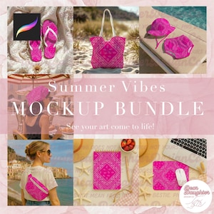 May include: A mockup bundle with a summer theme, featuring various items in a vibrant pink paisley pattern. Includes a tote bag, hat, shorts, flip-flops, fanny pack, notebook, and mousepad. The text "Summer Vibes MOCKUP BUNDLE" is displayed.