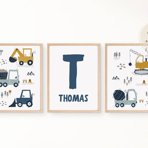 Trucks Boy Room Print Set • Custom Name Nursery Wall Art • Blue Nursery Decor • Boy Cars Wall Art • Boy Transport Prints • Toddler Boy Print