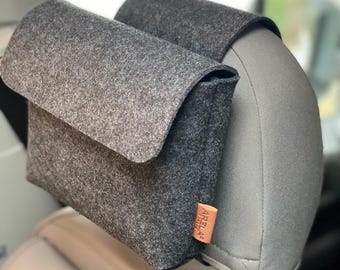 Bolso individual em feltro antracite para encosto de cabeça. Organizador para autocaravana, ideal para guardar smartphone, chaves e muito mais.