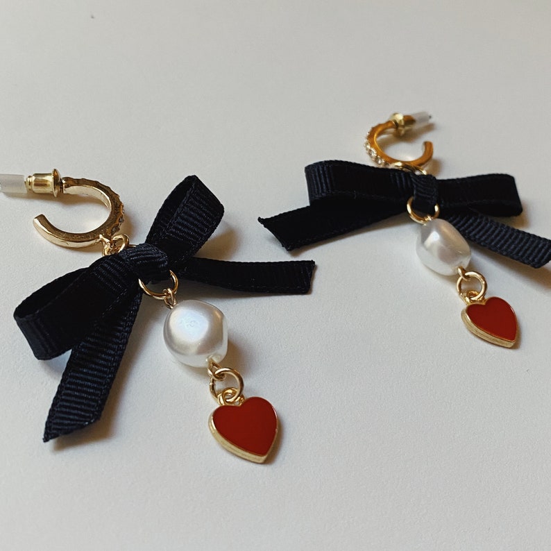 Femme Fatale Dangle Earring with Black Bow and Red Heart Charm image 2