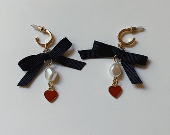 Femme Fatale Dangle Earring with Black Bow and Red Heart Charm