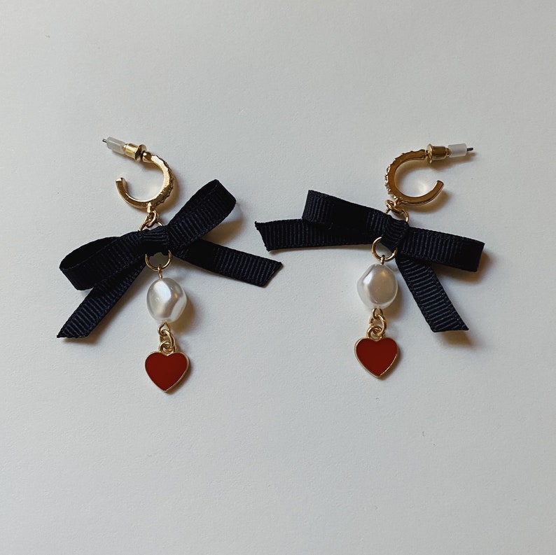 Femme Fatale Dangle Earring with Black Bow and Red Heart Charm image 1