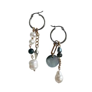 Asymmetrical Freshwater Pearl & Shell Mix Metal Hoop Earring