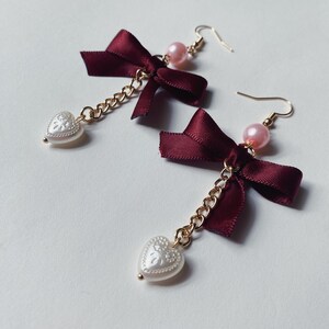 Vamp Earring Satin Bow with Dangle Pearl Heart image 2