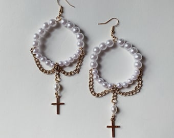 Quixotic Earring - Pearl Hoops with Dangle Chains & Cross