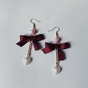 Vamp Earring Satin Bow with Dangle Pearl Heart image 1