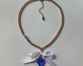 Lorelei Charm Necklace - Blue Heart Pendant with White Satin Bow