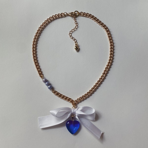 Lorelei Charm Necklace - Blue Heart Pendant with White Satin Bow