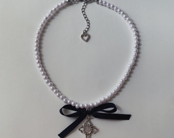 Coquette Cross Necklace - Pearl Necklace with Silver Cross Charm and Black Ribbon Bow