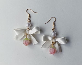 Fleur Earring - Dangle Rosebud Earring with White Satin Ribbon Bow