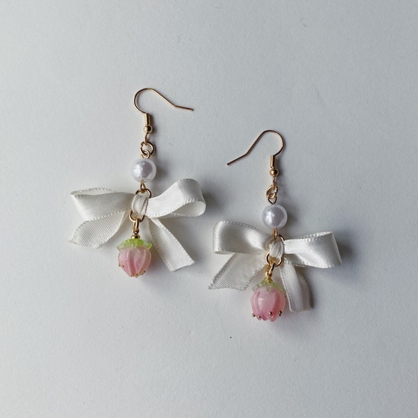 Fleur Earring - Dangle Rosebud Earring with White Satin Ribbon Bow